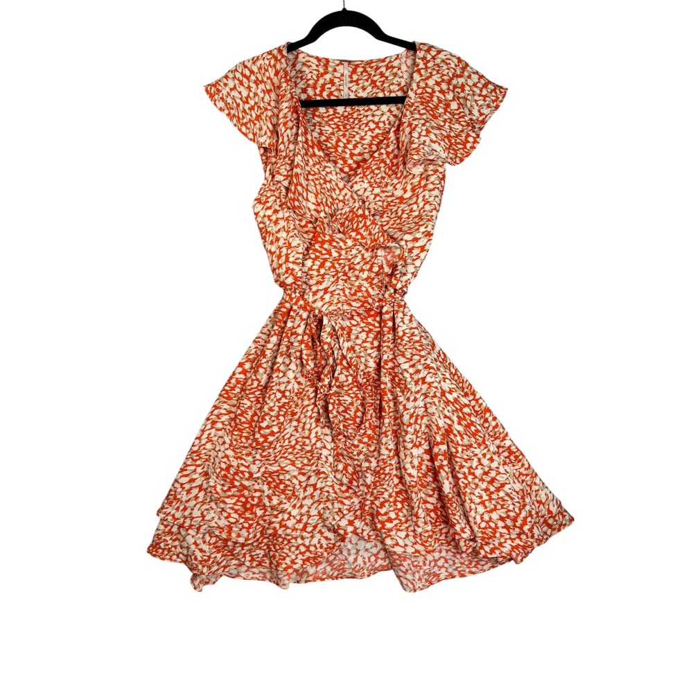 Free People Orange Abstract Animal Print Ruffle Wrap Mini Dress Small